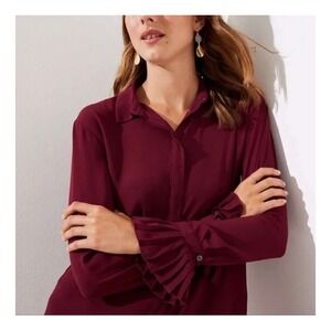 LOFT Petite Burgundy Blouse Long Sleeve Ruffle Cuff‎ Button Down Top Size MP